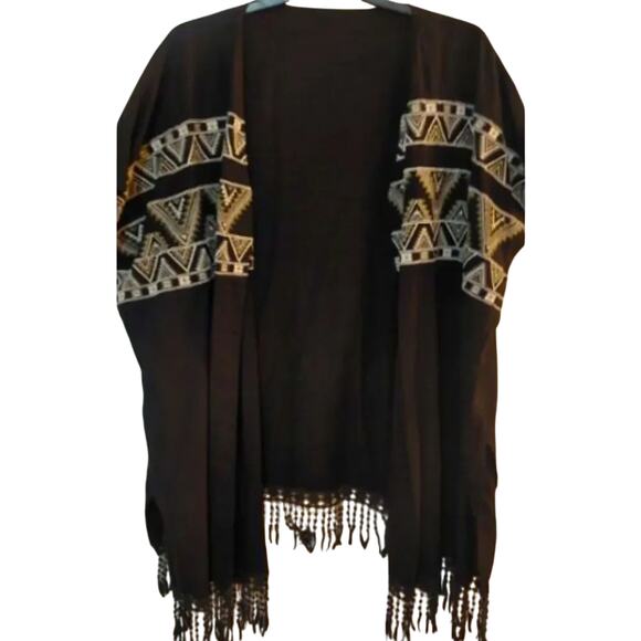 World Market Black Embroidered Lace Fringe Open Front Kimono Free Size MSRP $110 - Picture 1 of 11